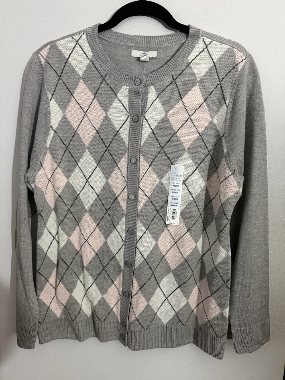 croft & barrow Gray, Pink and White Argyle Button-Front Cardigan